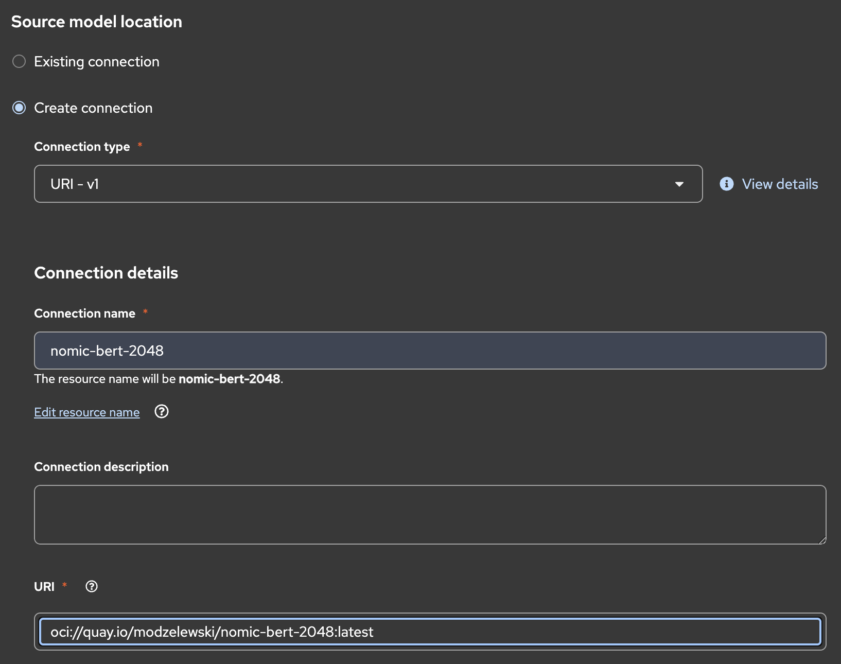 Screenshot of model connection
